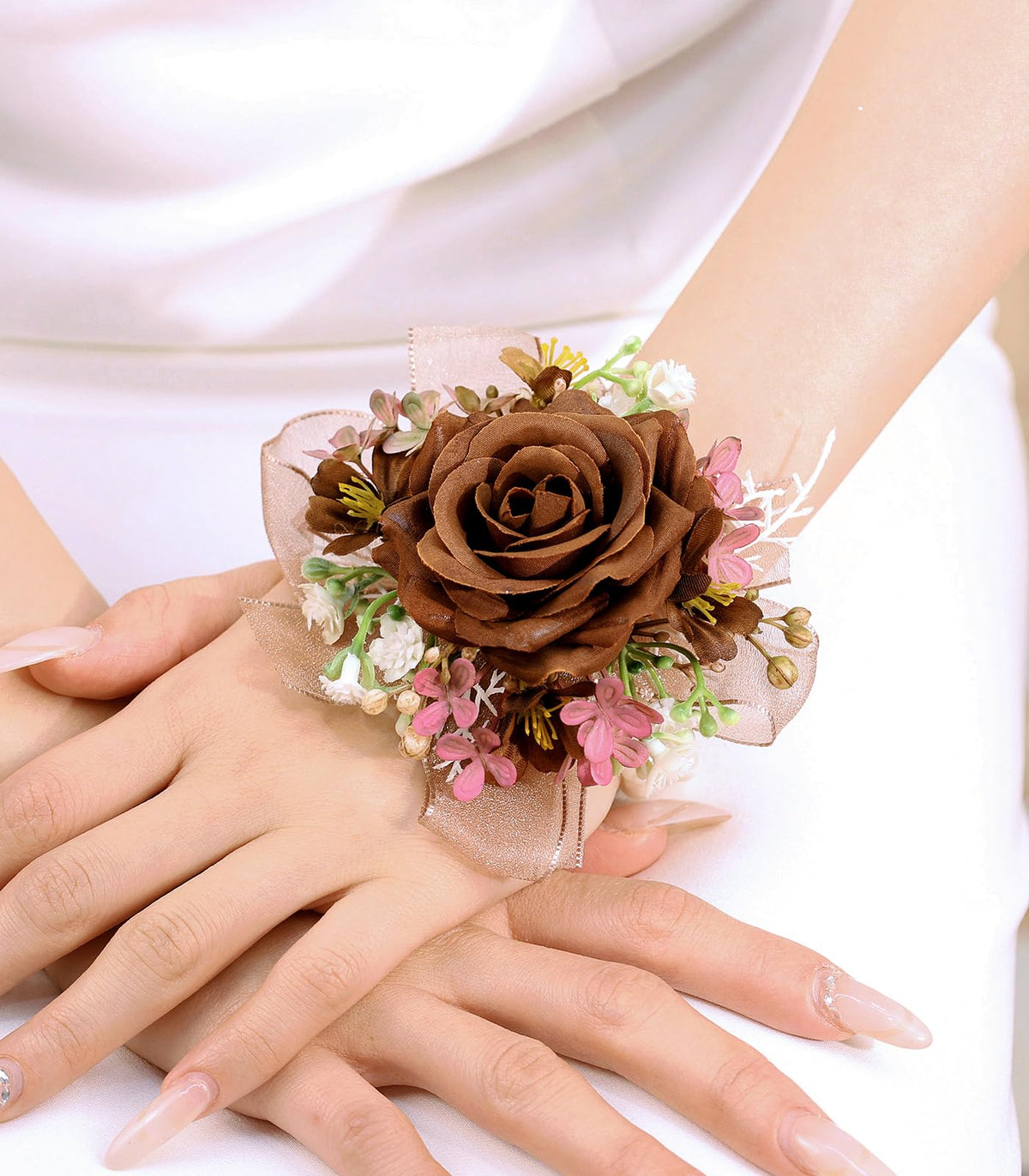 Bethynas Bridal Prom Rose Wrist Corsage Artificial Flower Pearl Wristlet Bridesmaid Hand Flower Bracelet Wristband for Wedding Ceremony Party (Pearl Flower - White)