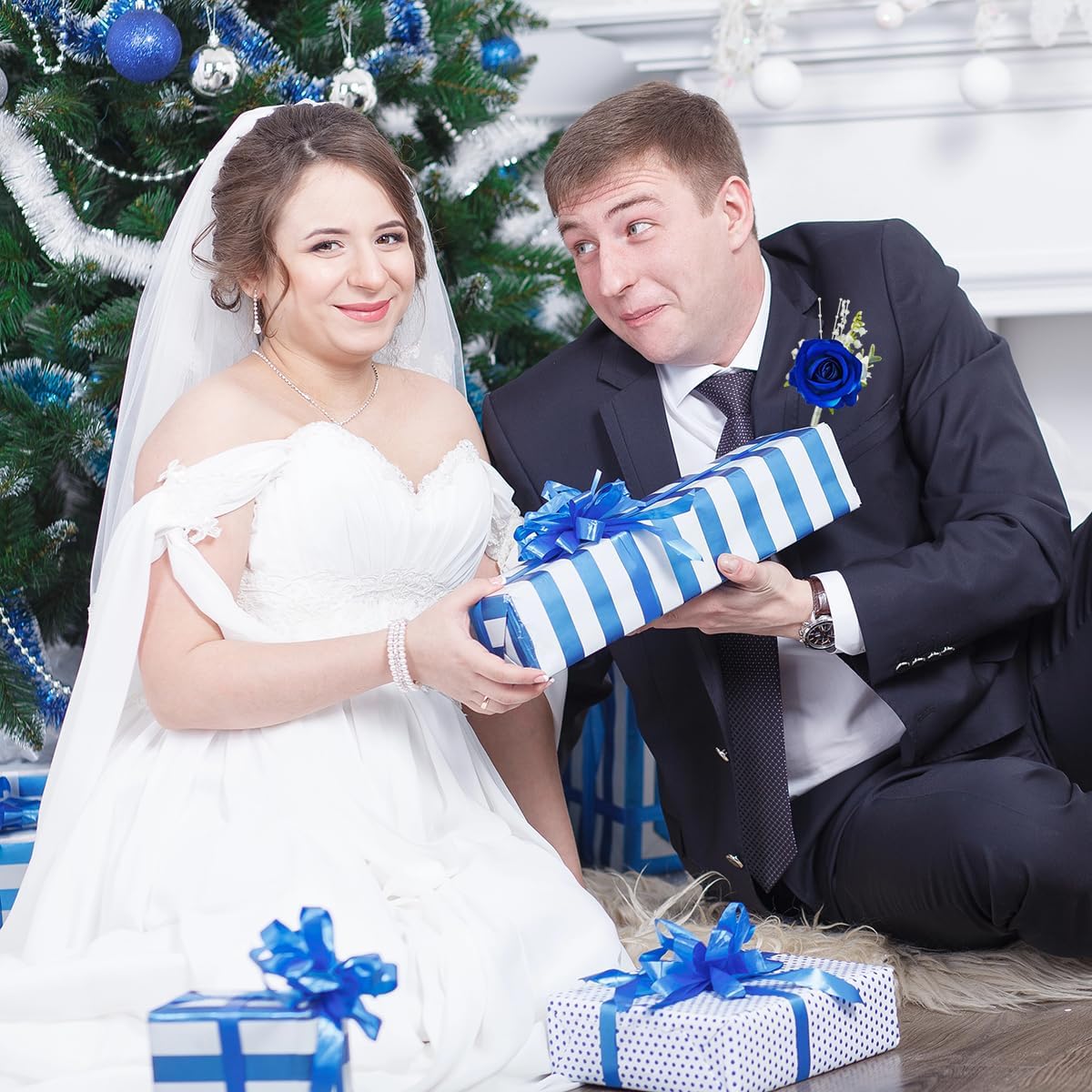 1Pc Royal Blue & White Boutonniere for Men Wedding Prom Suit Flower