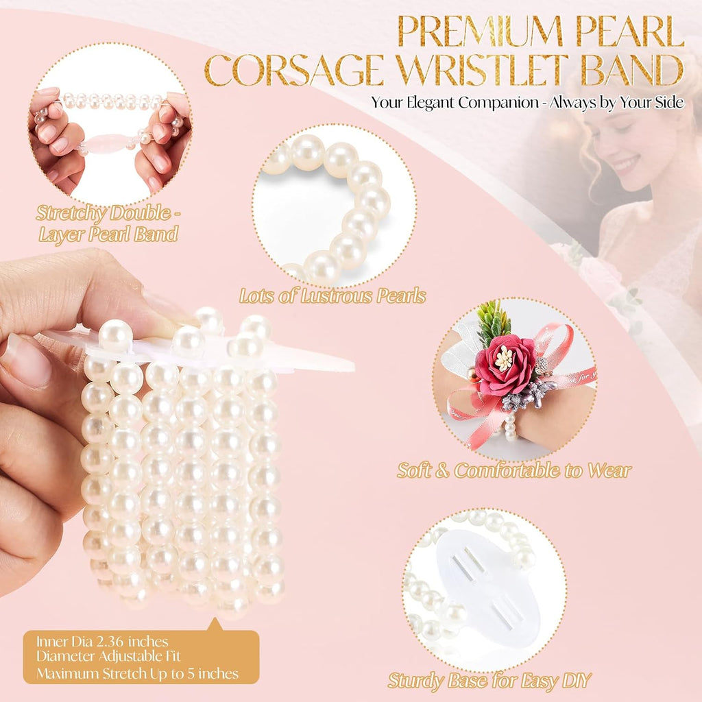 HIONXMGA Corsage Wristlet Band 4 Pcs Pearl Wrist Corsage Bracelets Bands