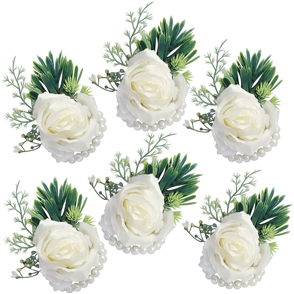 White Rose Wrist Flowers and Men's Corsage Wedding Flowers Ceremony,2Pcs Boutonniere Buttonholes and Wrist Corsage Wristband Roses Wrist Corsage (2pcs White Wrist Corsages)