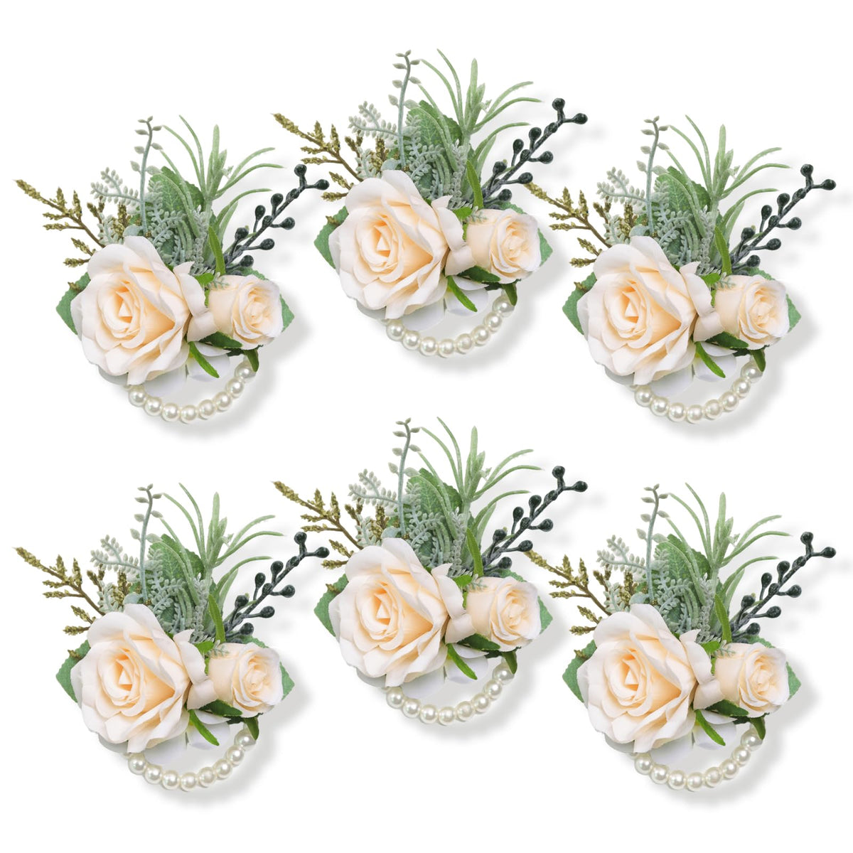 6Pcs Ivory White Faux Silk Rose Women Corsages Wristlet Wedding