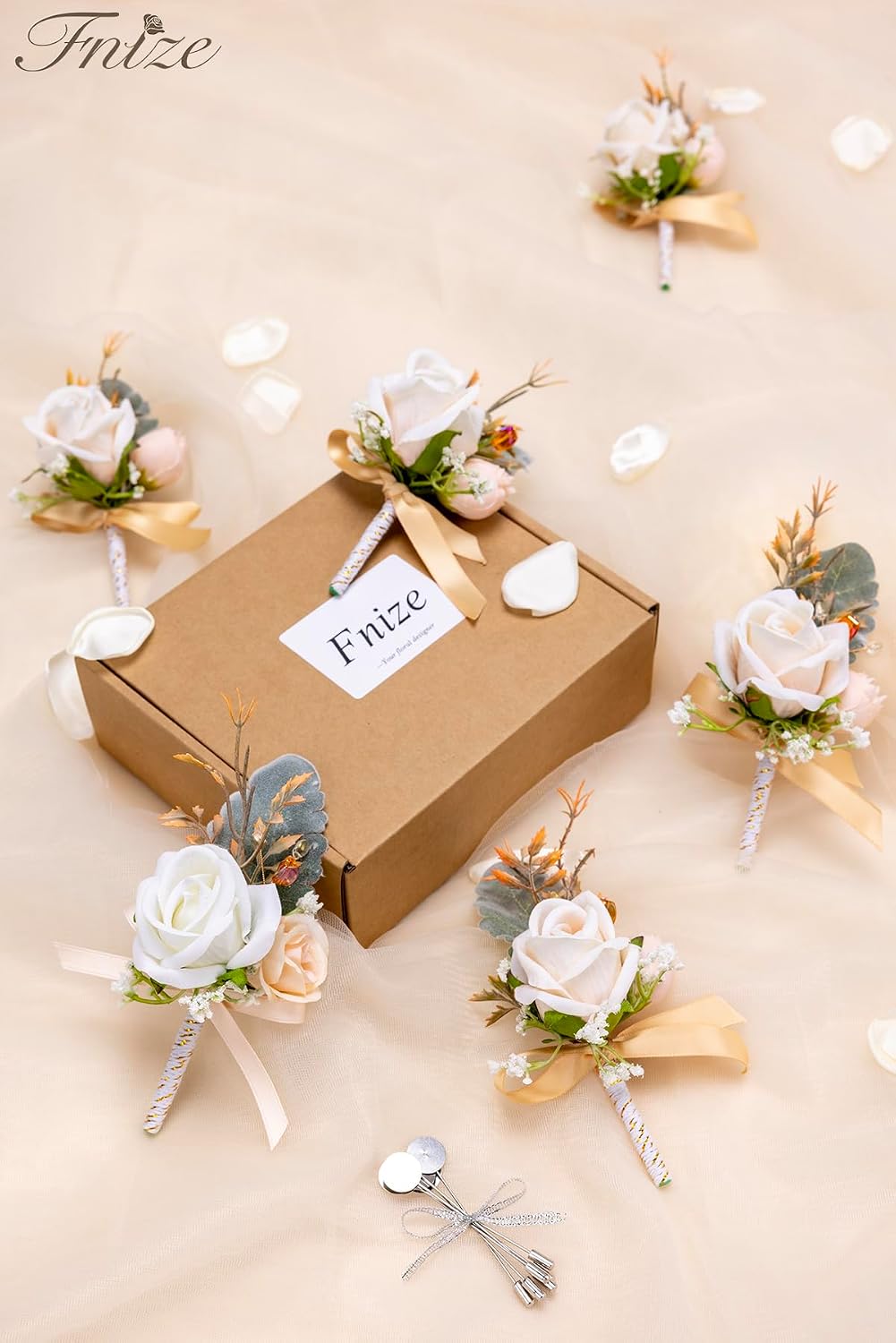 Fnize Champagne Boutonniere for Men Set of 6 Groom Groomsmen Wedding Flower