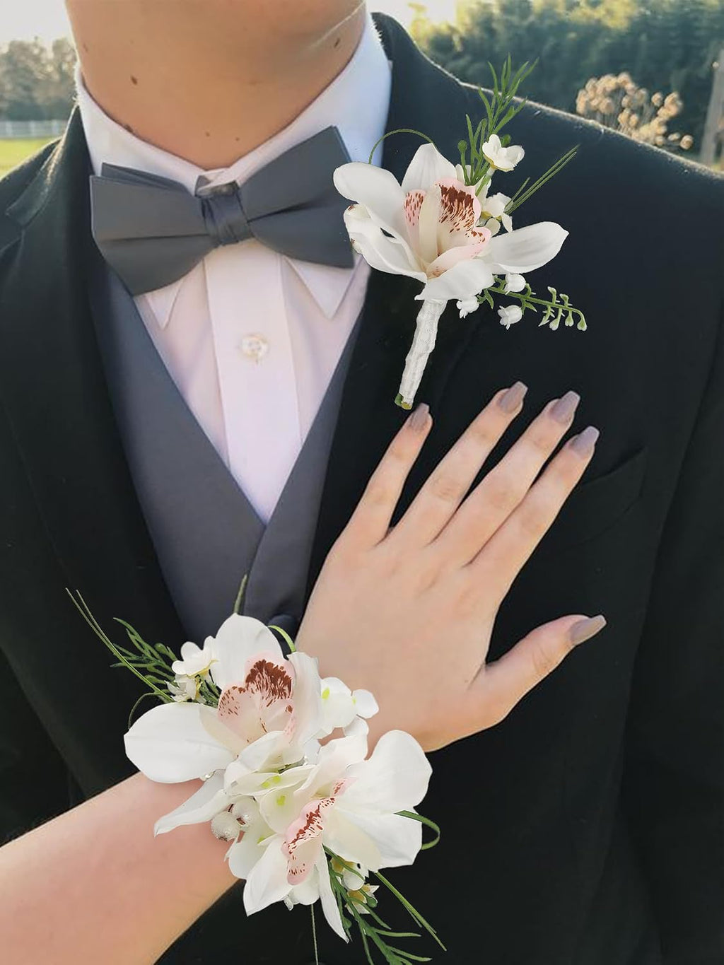Rinlong 2Pcs White Orchid Wrist Corsage for Wedding, Prom, Homecoming