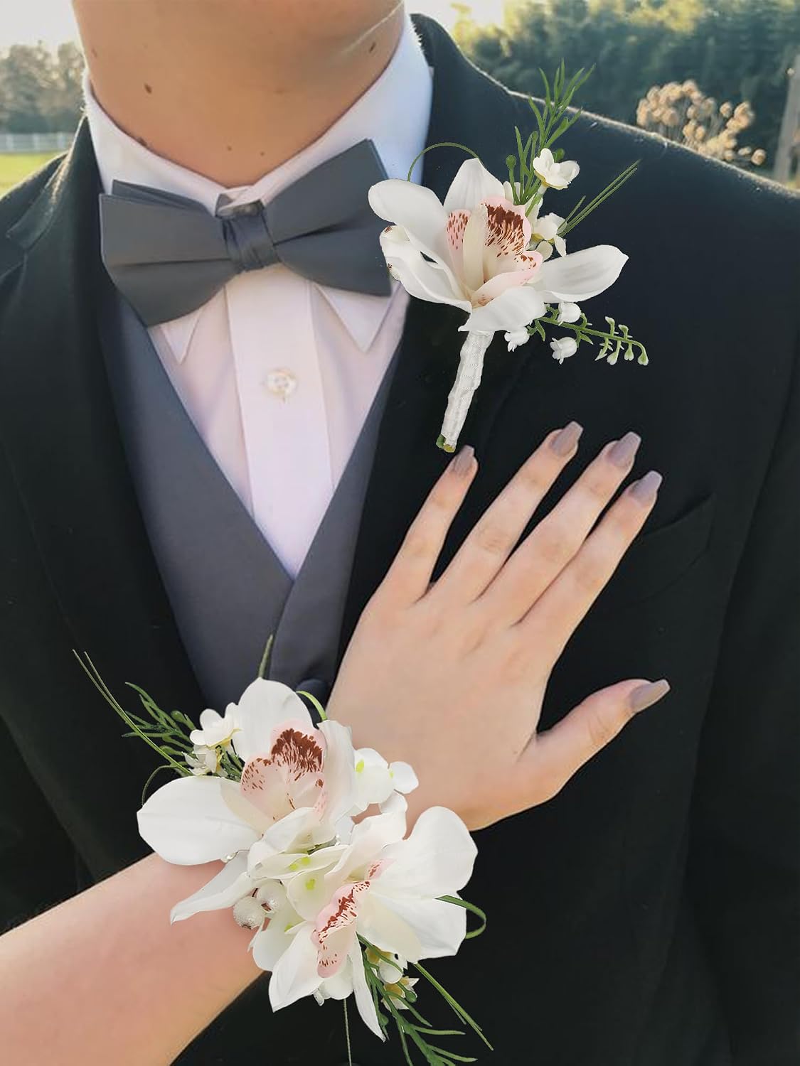 Rinlong 2Pcs White Orchid Wrist Corsage for Wedding, Prom, Homecoming