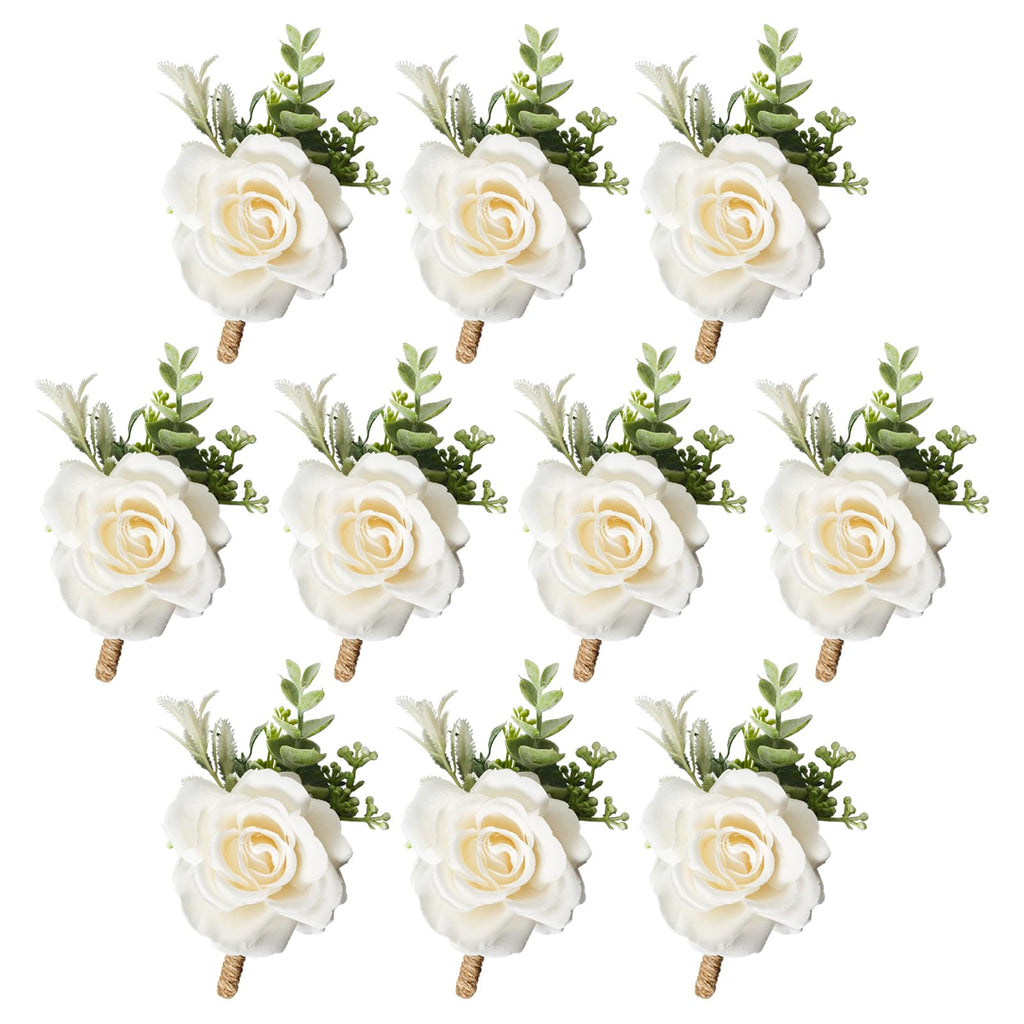 Gvhntk Ivory Rose Boutonniere for Men Wedding Set of 6 Groom Groomsmen Best Man Artificial Flowers Boutonniere for Wedding Ceremony Anniversary Prom Flowers Formal Dinner Party (6, White, Middle)