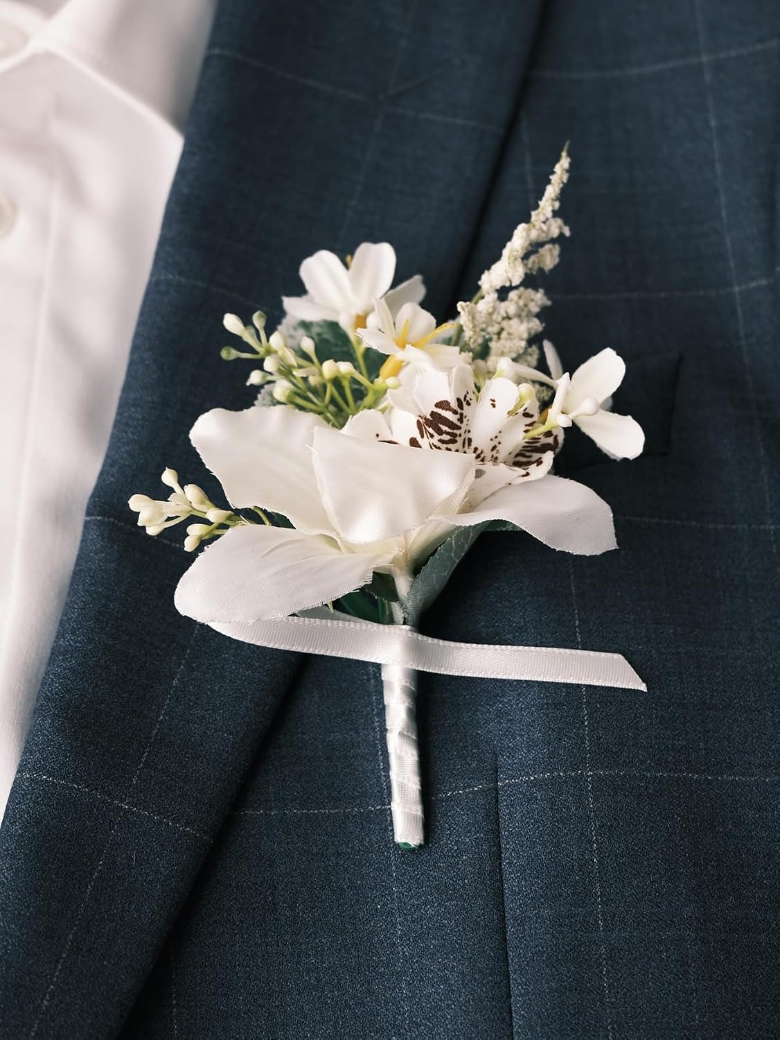 White Rose Wrist Corsage and Boutonniere Set with Ribbon Ties Wedding Prom Formal Accessories (White Style 3)