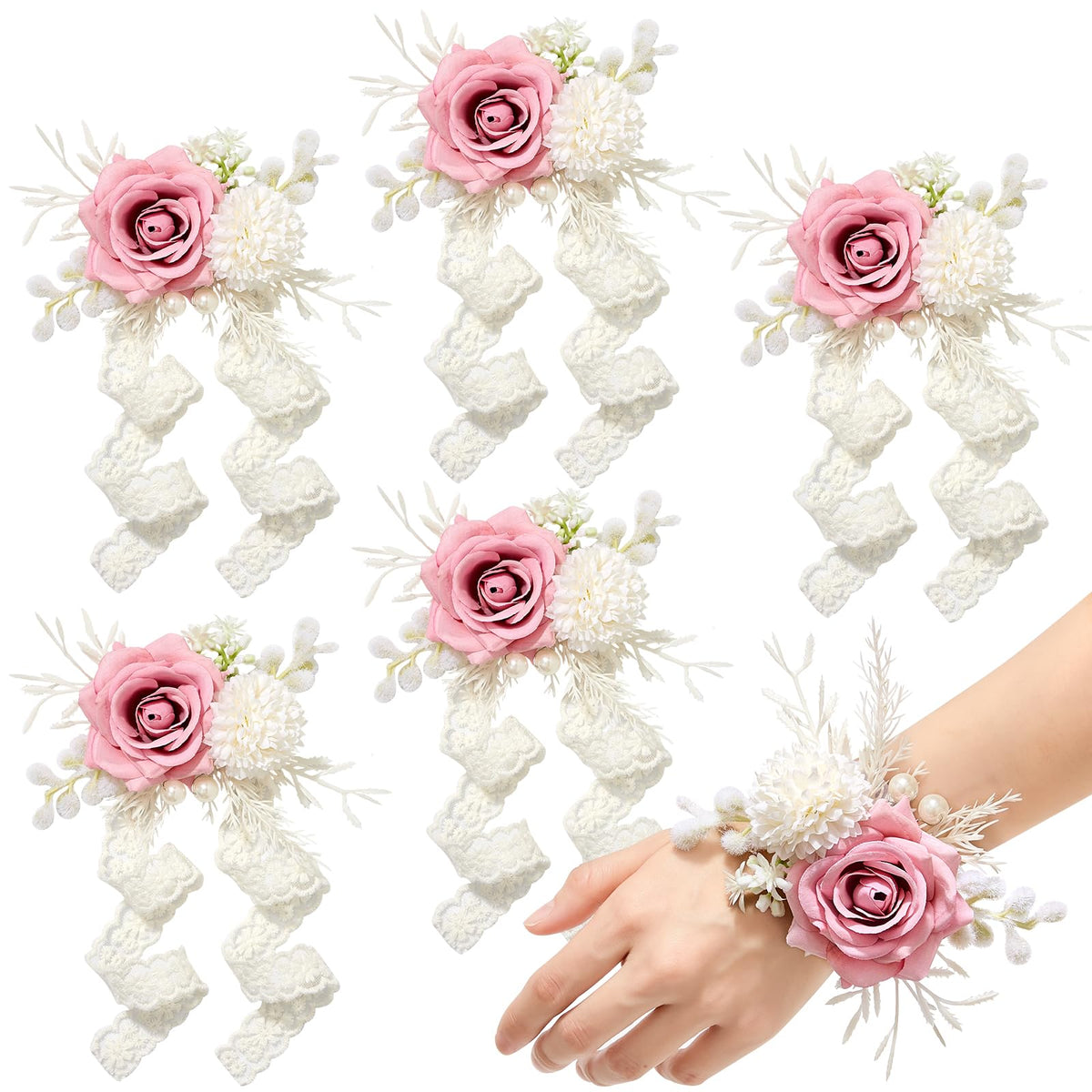 Serwalin 6 Pcs White Rose Wrist Corsage Wristlet for Wedding Prom Party