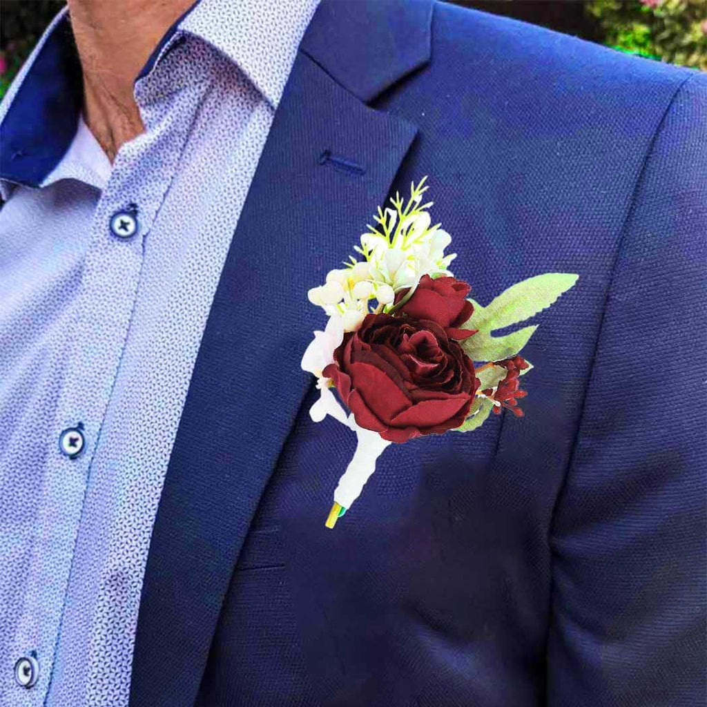 Bride Wedding Rose Boutonniere Groom Flower Buttonholes Prom Suit Decoration for Men and Groomsmans (Red)