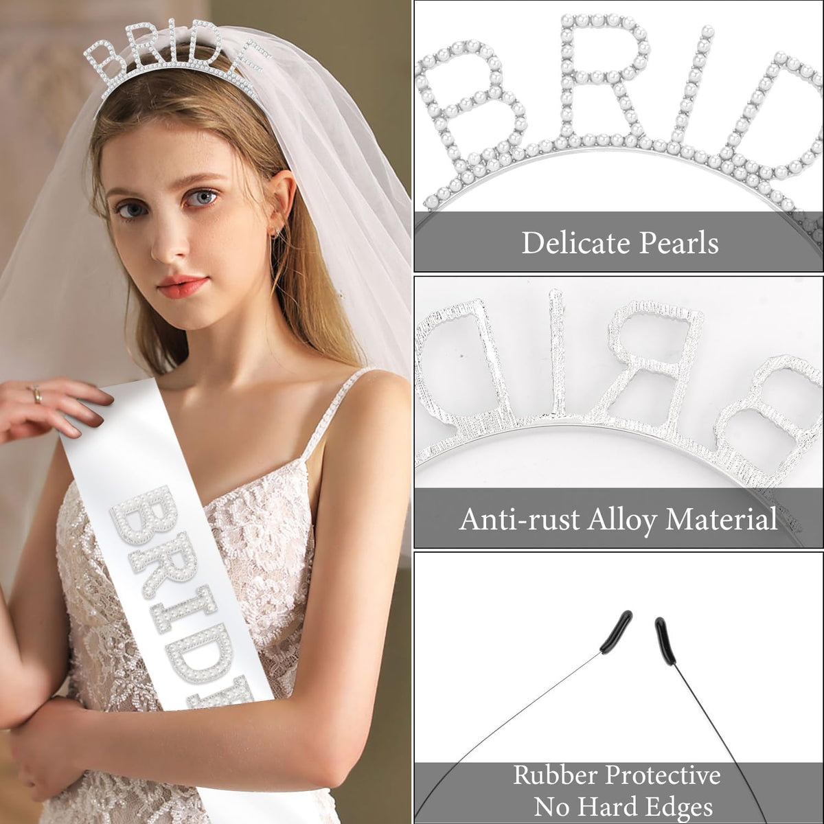 Atoden Bride Sash and Headband Bachelorette Party Decorations Bridal Shower Favors White Bride Crown Tiara Pearl Rhinestone Wedding Headpiece Hair Accessories Engagement Party Outfits Gifts