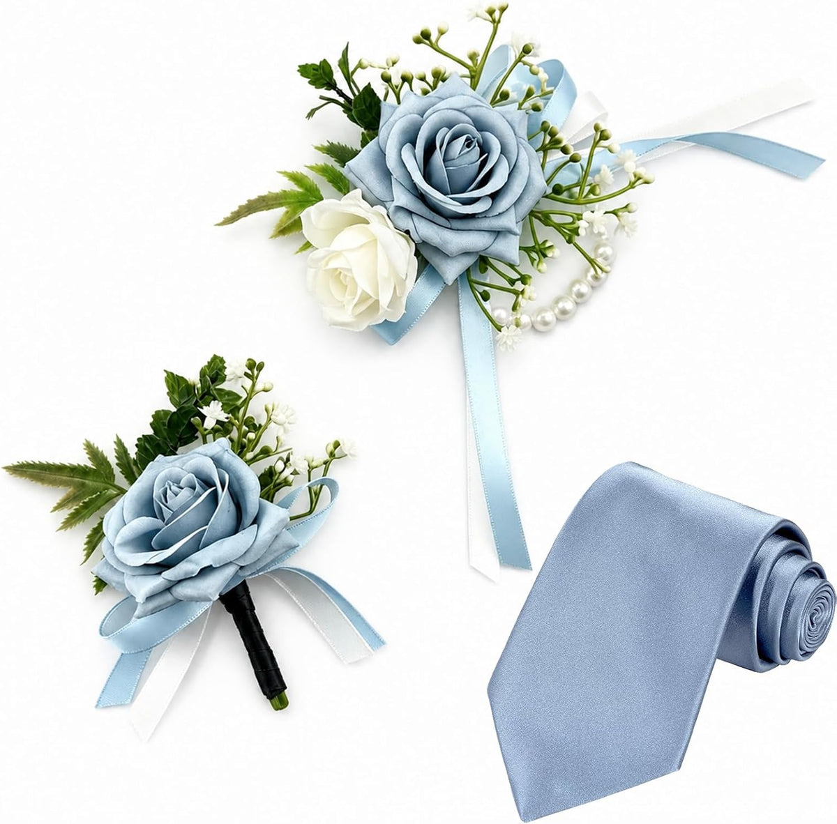 YIXAXKAO Prom Corsage and Boutonniere Set Prom Wrist Corsage and Boutonniere Artificial Rose Flowers Accessories Corsage Wristlet Band Bracelet with Solid Color Ties for Prom 2026 Decor (Light Blue)