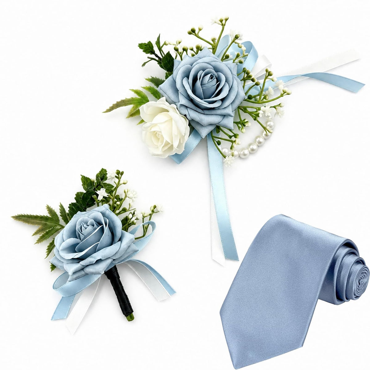 YIXAXKAO Prom Corsage and Boutonniere Set Prom Wrist Corsage and Boutonniere Artificial Rose Flowers Accessories Corsage Wristlet Band Bracelet with Solid Color Ties for Prom 2026 Decor (Light Blue)