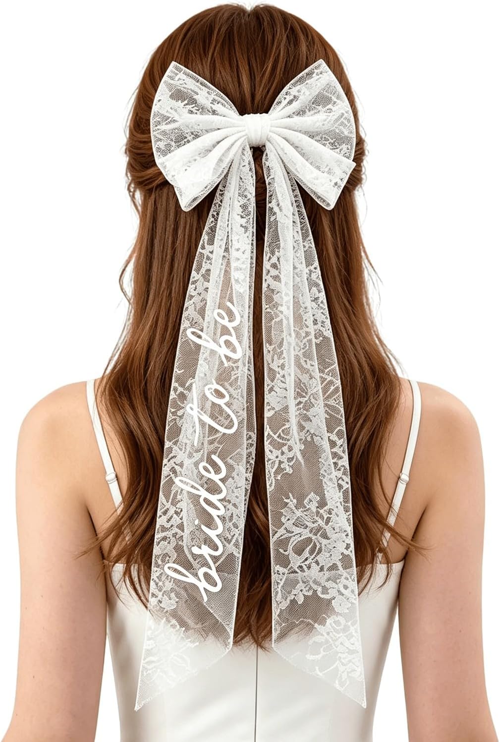 Lace Bride to Be Veil with White Bow, Short Bridal Hair Accessory
