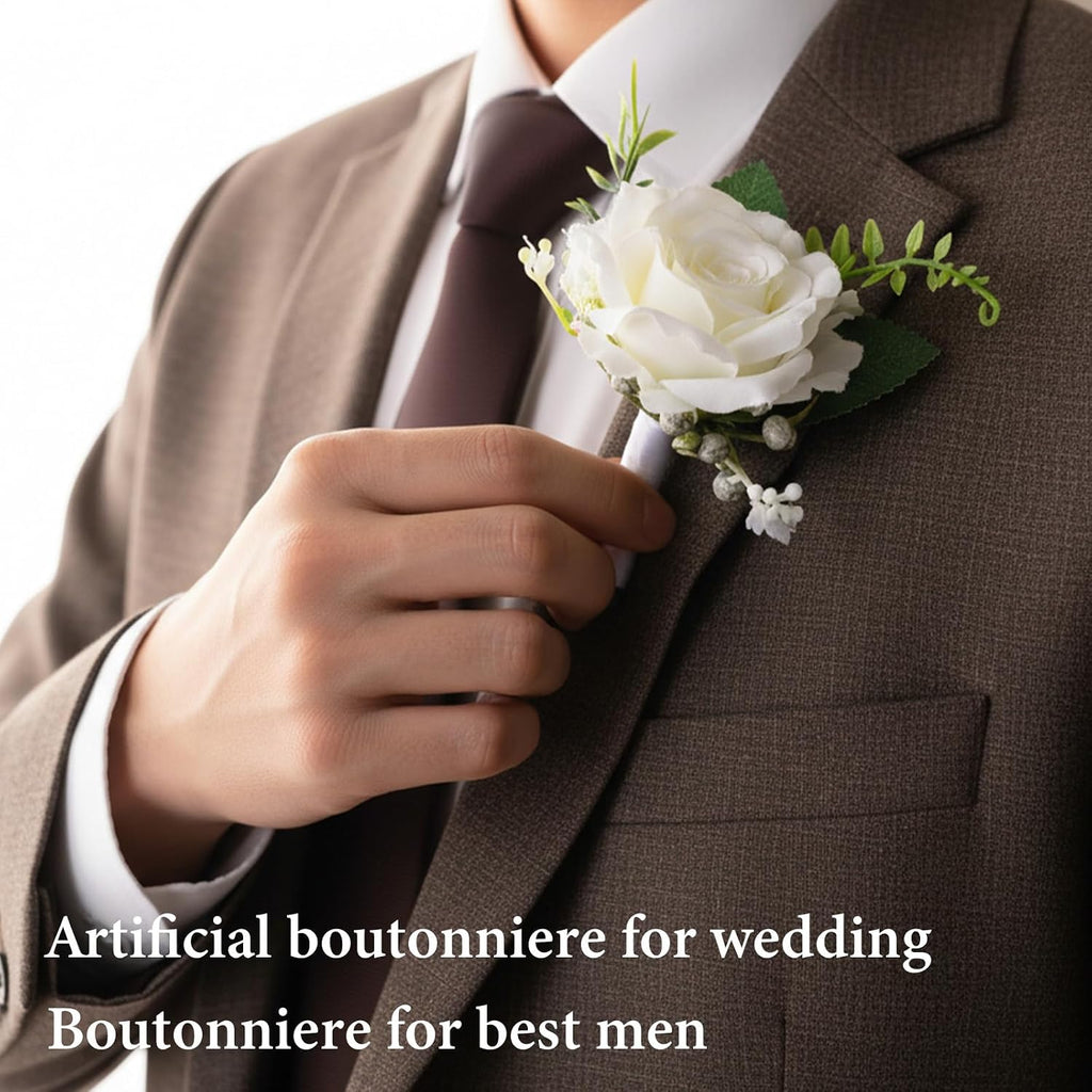 White Boutonniere for Men, Rose Groom Flower Buttonholes, Mens Boutonniere for Weddings Prom, Grooms Prom Party Suit Decoration Wedding Ceremony Anniversary Party Homecoming
