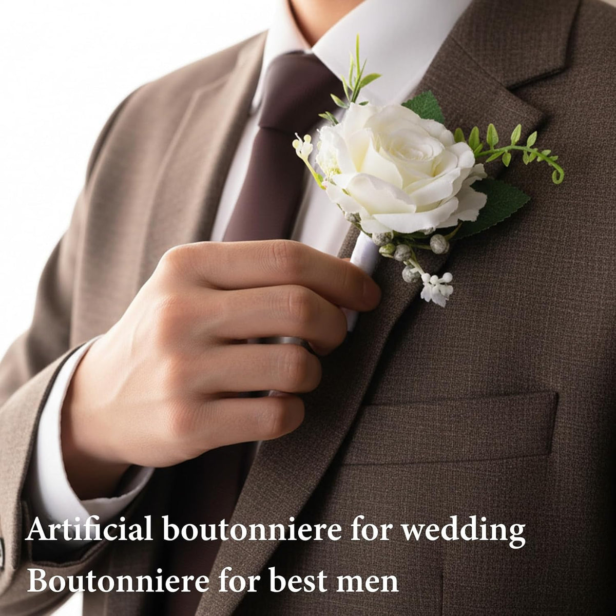 White Boutonniere for Men, Rose Groom Flower Buttonholes, Mens Boutonniere for Weddings Prom, Grooms Prom Party Suit Decoration Wedding Ceremony Anniversary Party Homecoming