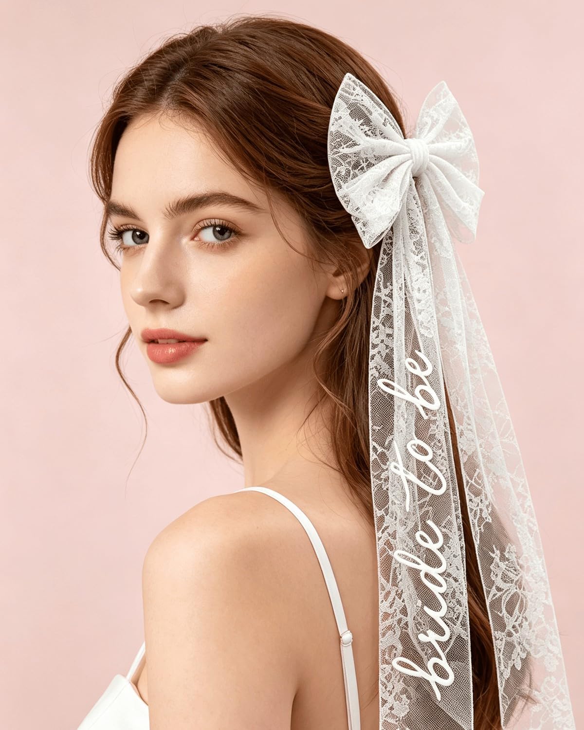 Lace Bride to Be Veil with White Bow, Short Bridal Hair Accessory