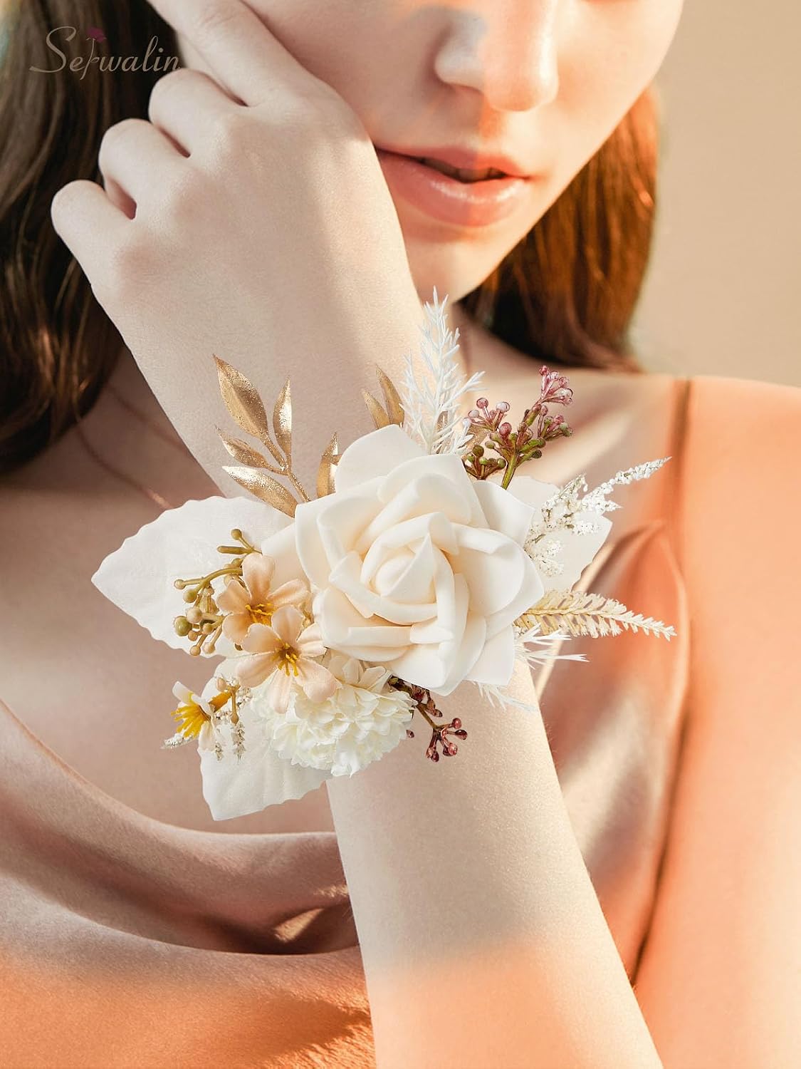 Serwalin 2Pcs Champagne Wrist Corsage Wristlet for Wedding Prom, 6-7Inch