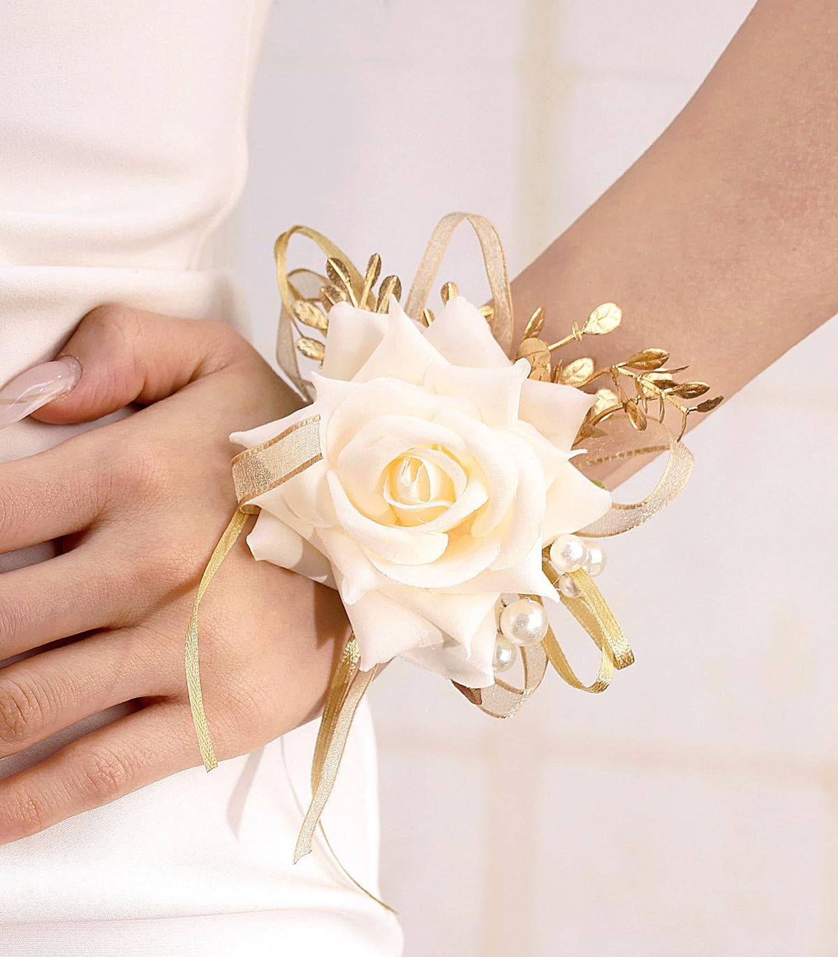 Bethynas Bridal Prom Rose Wrist Corsage Artificial Flower Pearl Wristlet Bridesmaid Hand Flower Bracelet Wristband for Wedding Ceremony Party (Pearl Flower - White)