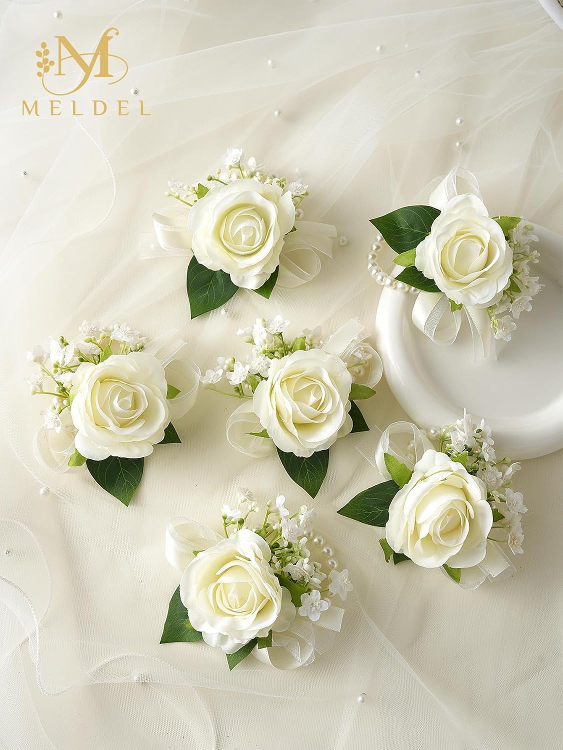 6Pcs Ivory White Faux Rose Wrist Corsages for Wedding, Dance Party