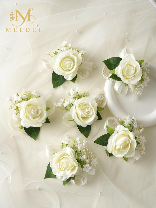 6Pcs Ivory White Faux Rose Wrist Corsages for Wedding, Dance Party