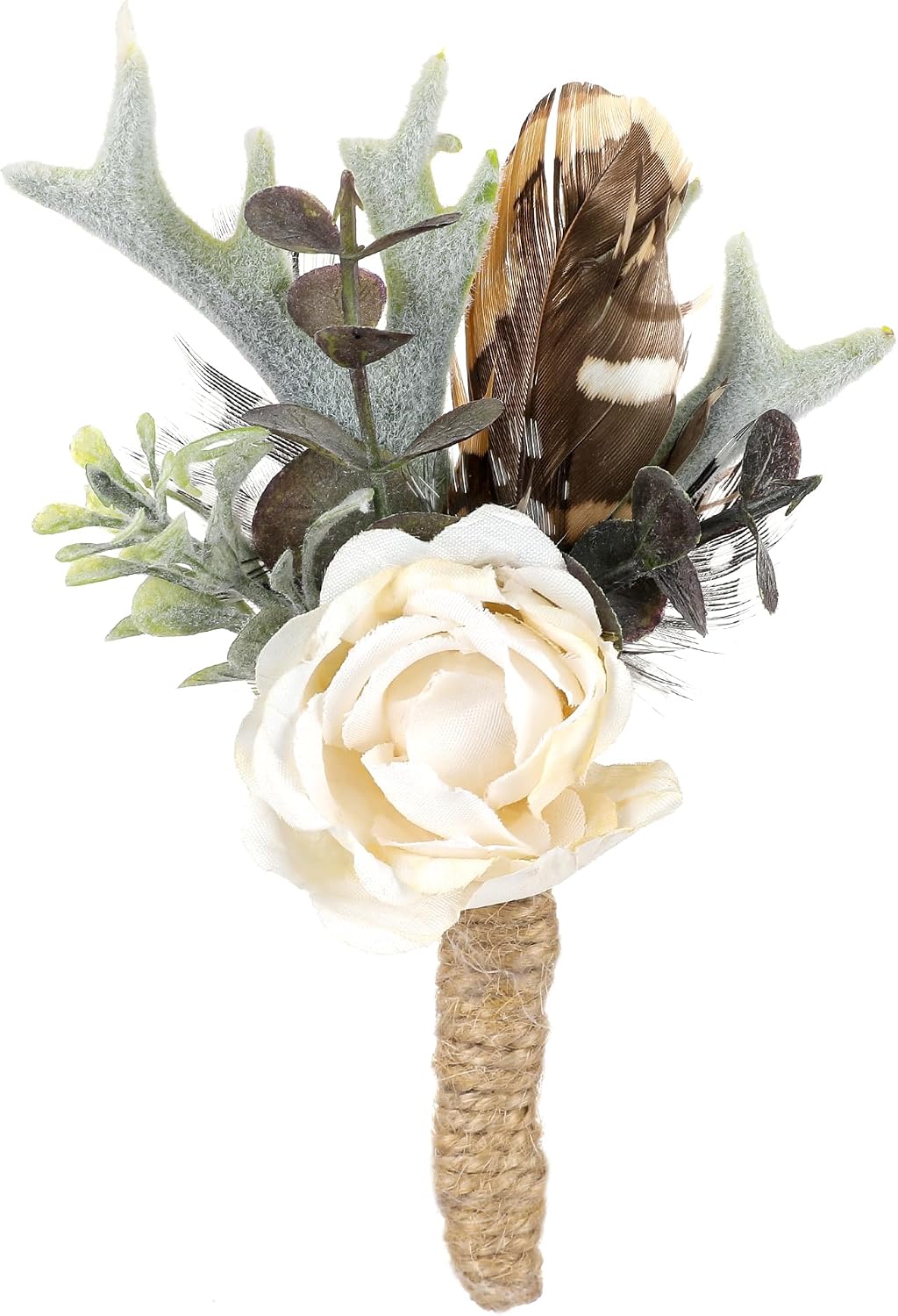 Rose Boutonniere for Men - Prom Boutonniere for Wedding Feather Rustic Boutonnieres for Groom Boho Corsage for Groomsmen Anniversary Formal Dinner Party Ceremony Celebration