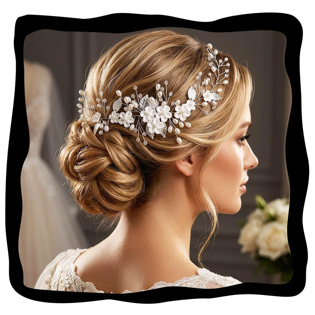 Unicra Flower Hair Vine Pearl Bridal Headpieces Wedding Hair Pieces Silver Prom Hair Accessories for Brides and Women (12.5 Inches)