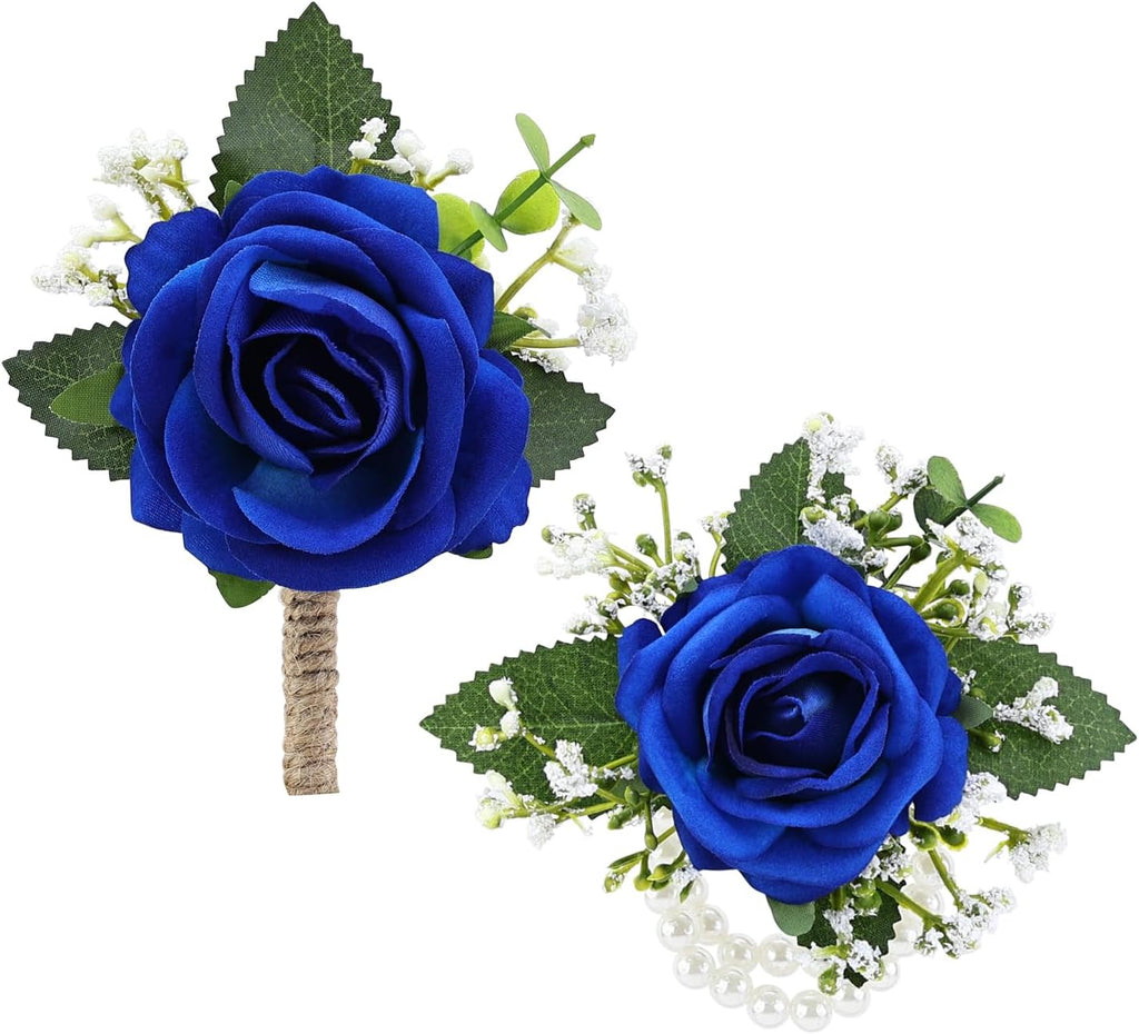 2Pcs Royal Blue Rose Corsage and Men Boutonniere Set, Wrist Band Bracelets, for Wedding Bride Bridesmaid Groom Groomsmen Flower Accessories Prom Party Man Suit Decor