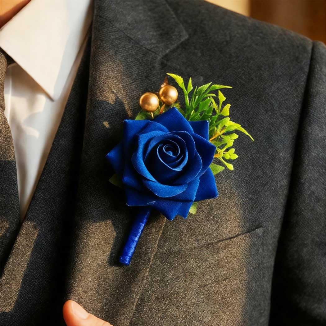 White Rose Boutonniere for Men Wedding Artificial Flower Boutonniere with Gold Beads for Groom Groomsmen Prom (White)