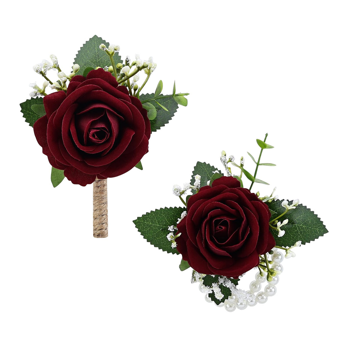 2Pcs White Rose Corsage and Men Boutonniere Set, Wrist Band Bracelets, for Wedding Bride Bridesmaid Groom Groomsmen Flower Accessories Prom Party Man Suit Decor