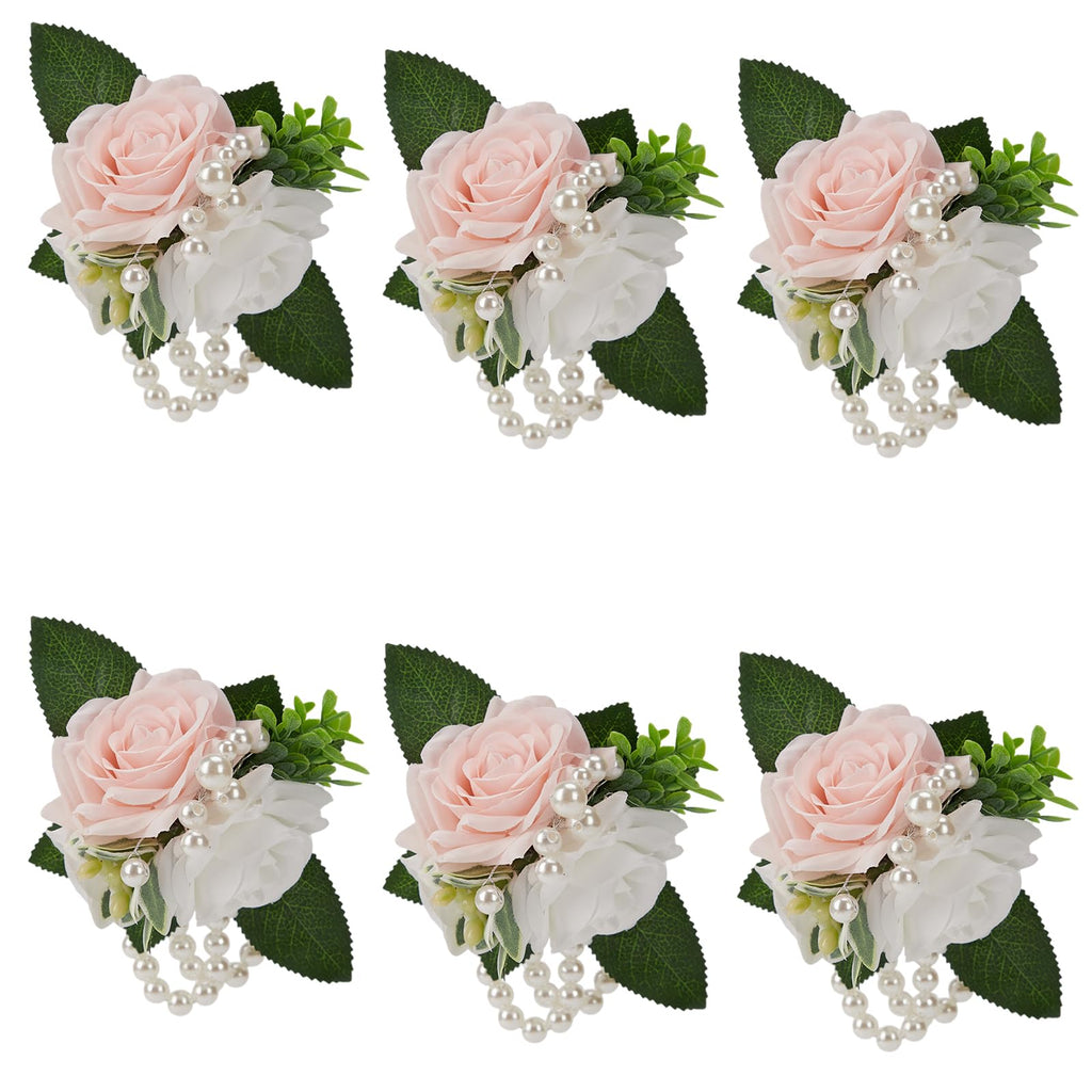 Women Champagne Faux Rose Wrist Corsages Set 6Pcs for Wedding Prom