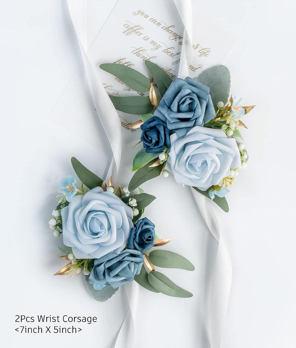 Set of 2 Wrist Corsage Wristlet for Wedding Bridesmaid Mother Grandmother for Bridal Shower Wedding Artificial Roses Flower Prom (Dusty Blue)