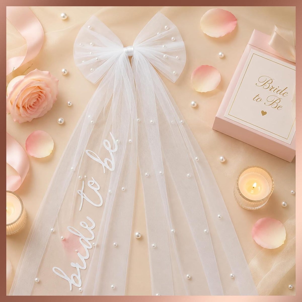 White Pearl Bride to Be Veil with Bride Bow, Bachelorette Party Accessories