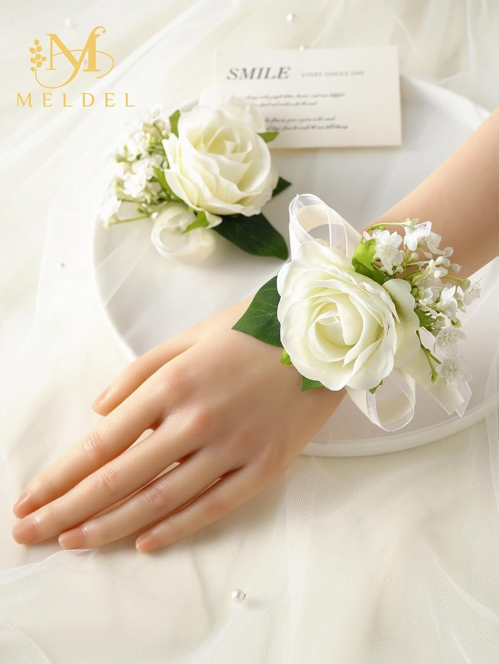 6Pcs Ivory White Faux Rose Wrist Corsages for Wedding, Dance Party