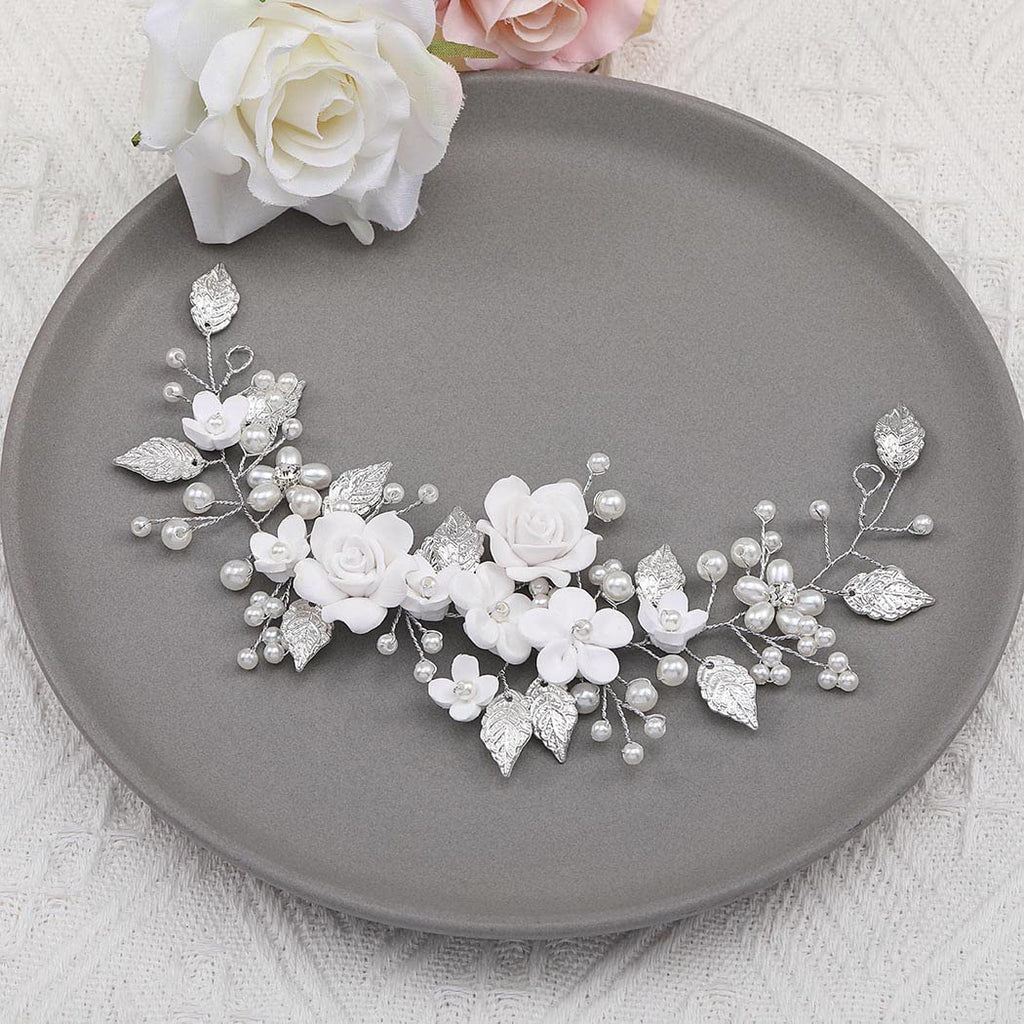 Unicra Flower Bride Wedding Hair Vine Pearl Bridal Hair Piece Leaf Hair Accessories Rhinestone Headband for Women (9inches) (Silver)
