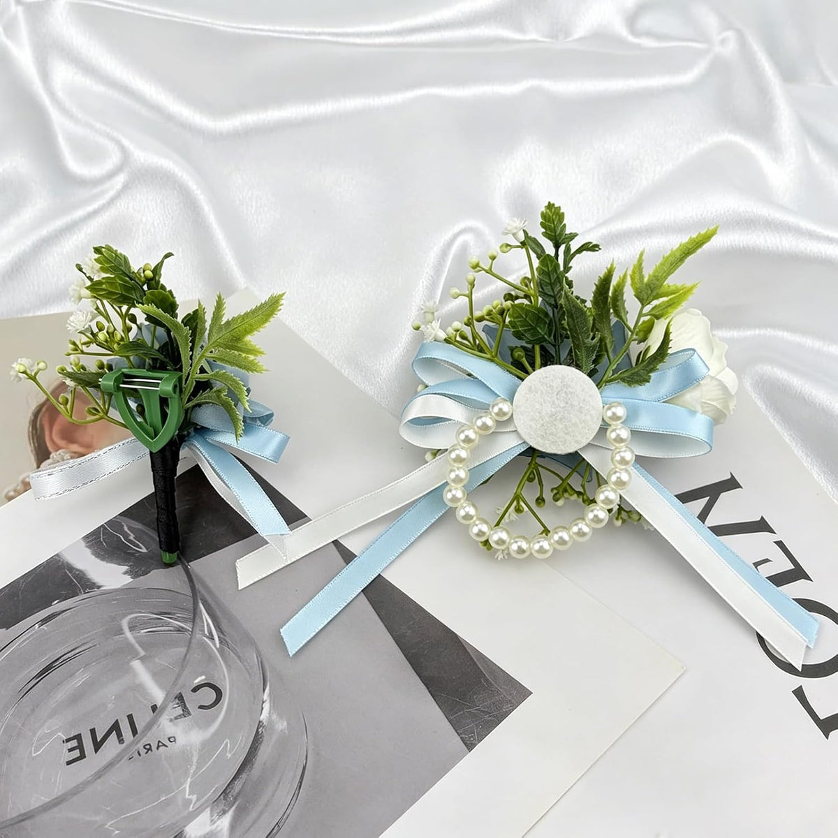 YIXAXKAO Prom Corsage and Boutonniere Set Prom Wrist Corsage and Boutonniere Artificial Rose Flowers Accessories Corsage Wristlet Band Bracelet with Solid Color Ties for Prom 2026 Decor (Light Blue)