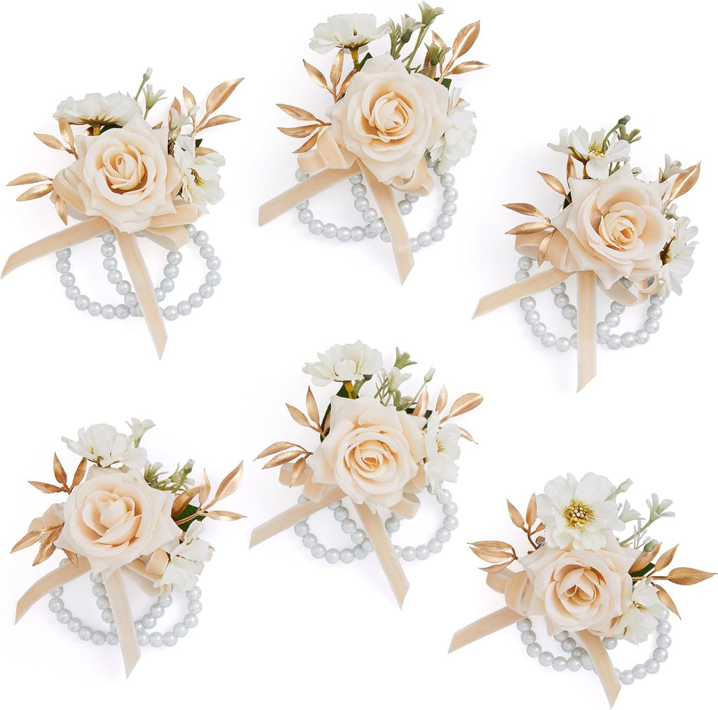 Serwalin 6 Pcs Champagne Rose Wrist Corsage Wristlet for Wedding Prom Party