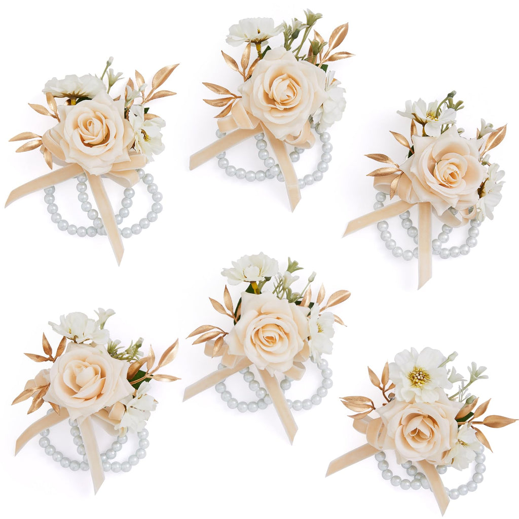 Serwalin 6 Pcs Champagne Rose Wrist Corsage Wristlet for Wedding Prom Party