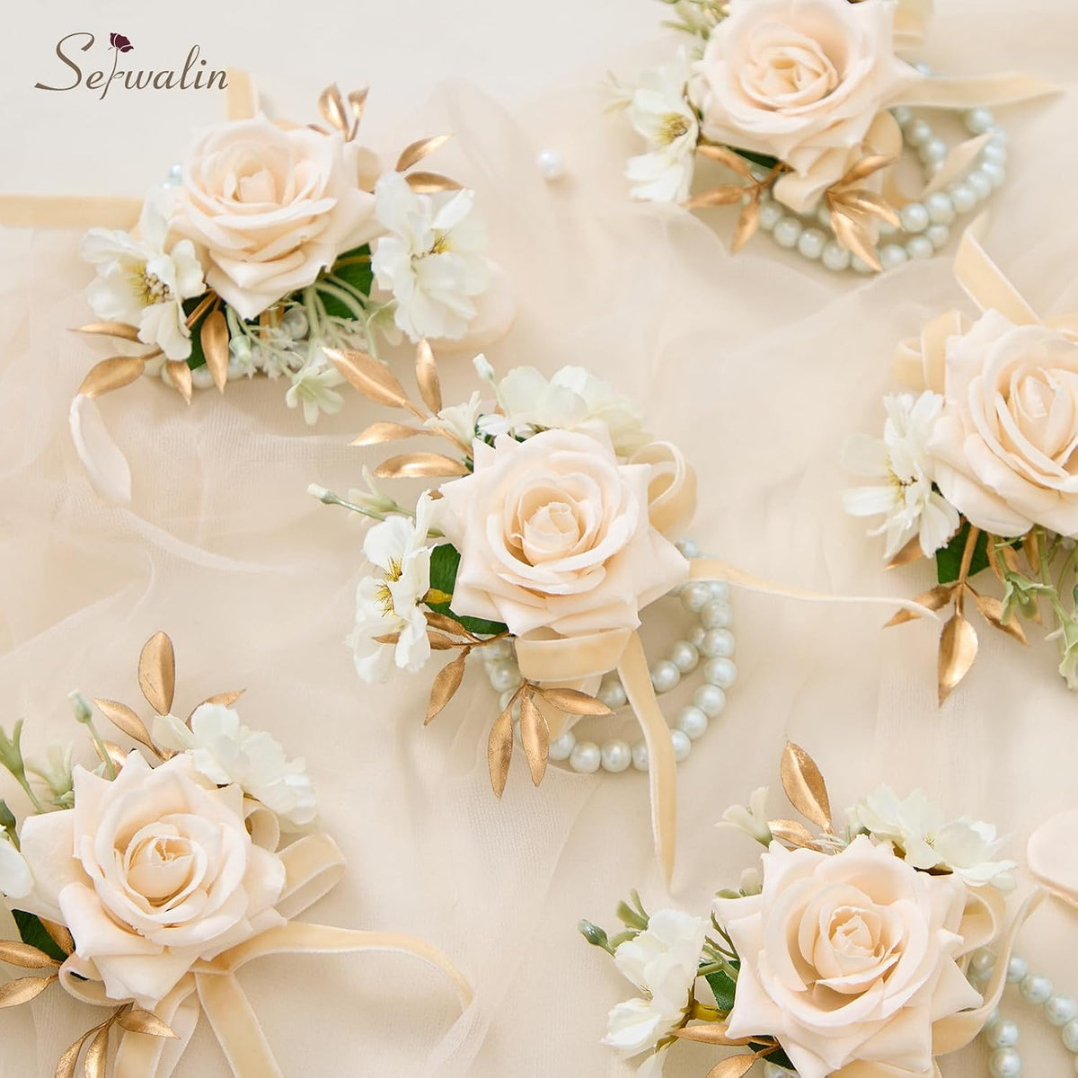 Serwalin 6 Pcs Champagne Rose Wrist Corsage Wristlet for Wedding Prom Party