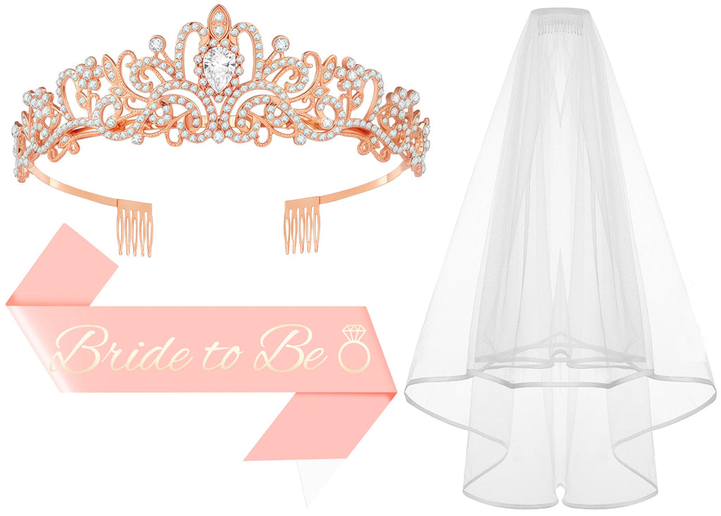3Pcs Bride to Be Crown with Sash and Veil for Bachelorette Party Decorations, Bridal Shower Accessories for Gift, Favors