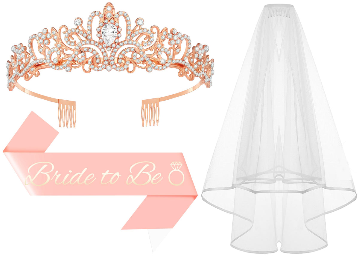 3Pcs Bride to Be Crown with Sash and Veil for Bachelorette Party Decorations, Bridal Shower Accessories for Gift, Favors