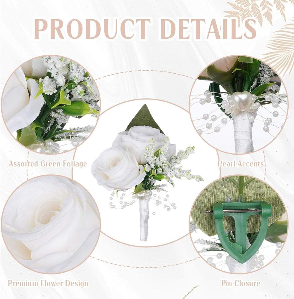 Wedding Flower Boutonniere Suit Decoration for Groom Bride Groomsmen Bridesmaids for Wedding Ceremony Anniversary Dinner Party (White)