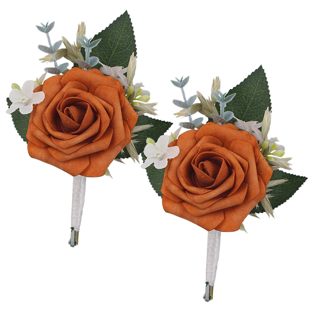 Rinlong 2Pcs Terracotta Boutonnieres with Pins for Men, Groom, Groomsmen
