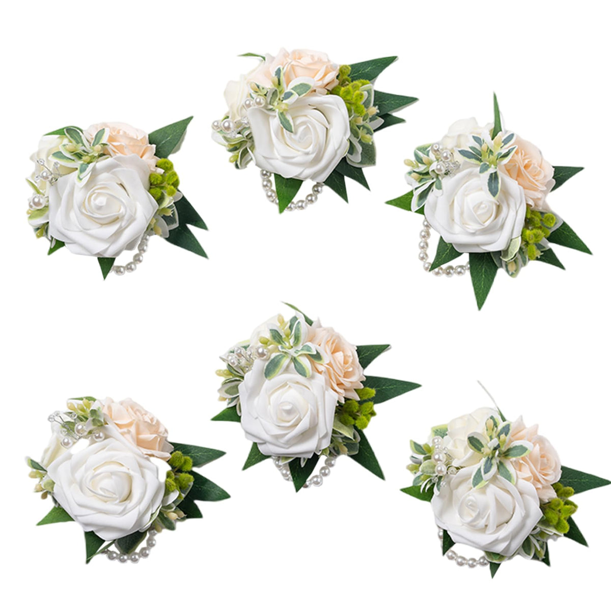Artificial Champagne Rose Wrist Corsages Set 6Pcs for Wedding Party