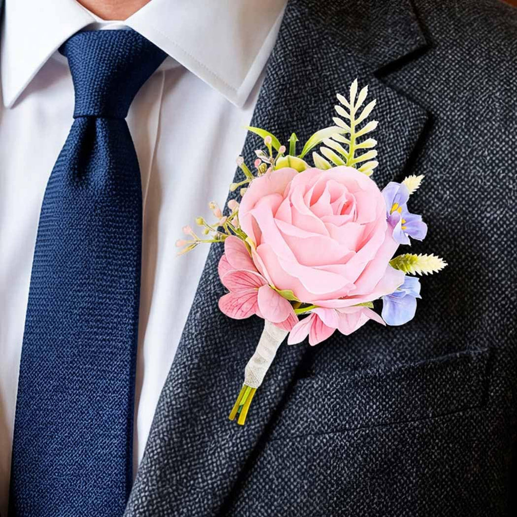 Wedding Flower Boutonniere White Groom Rose Buttonholes Men's Boutineer Party Suit Decoration Prom Anniversary Accessories for Groomsmans and Man (White)