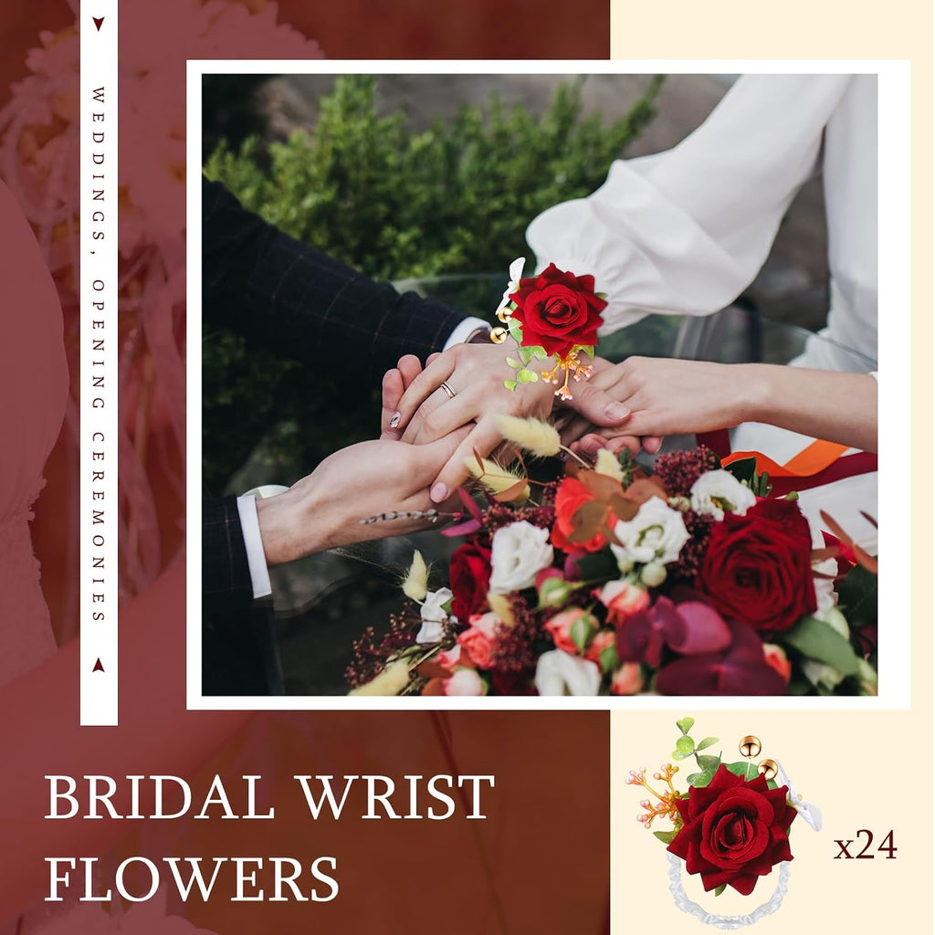 Sherr 24 Pcs Red Wrist Corsage Wristlet Bridesmaid Wedding,Wine Red