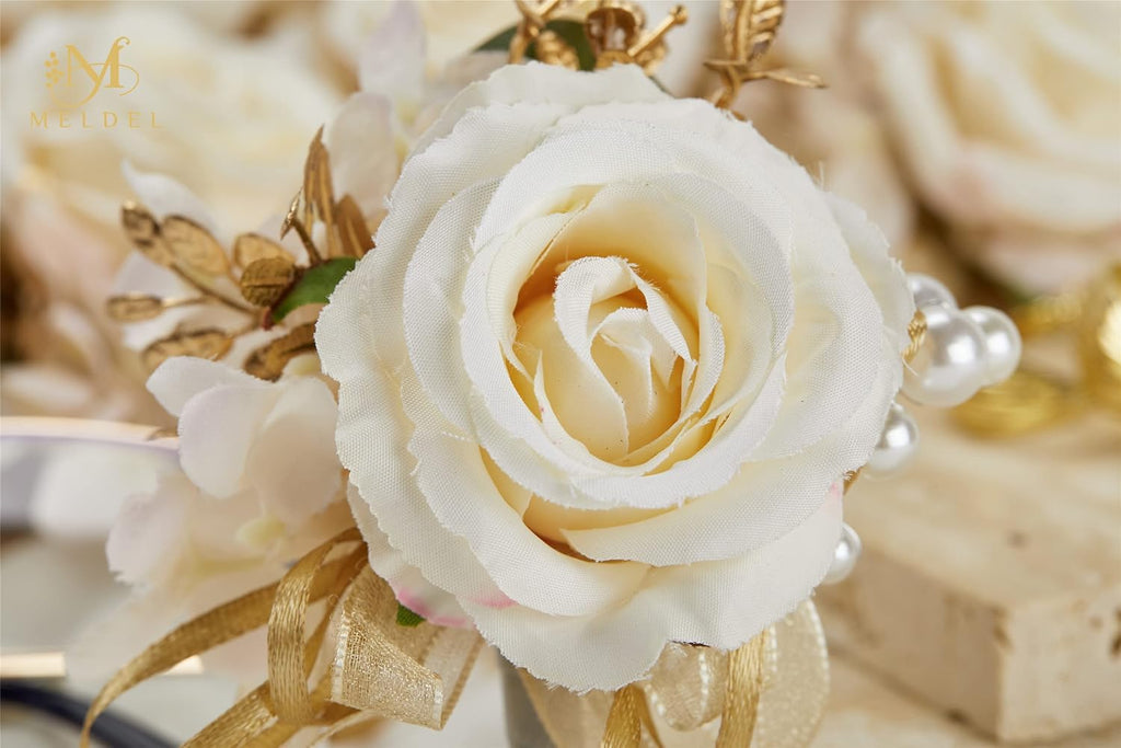 Artificial Champagne Rose Wrist Corsages Set 6Pcs for Wedding Party