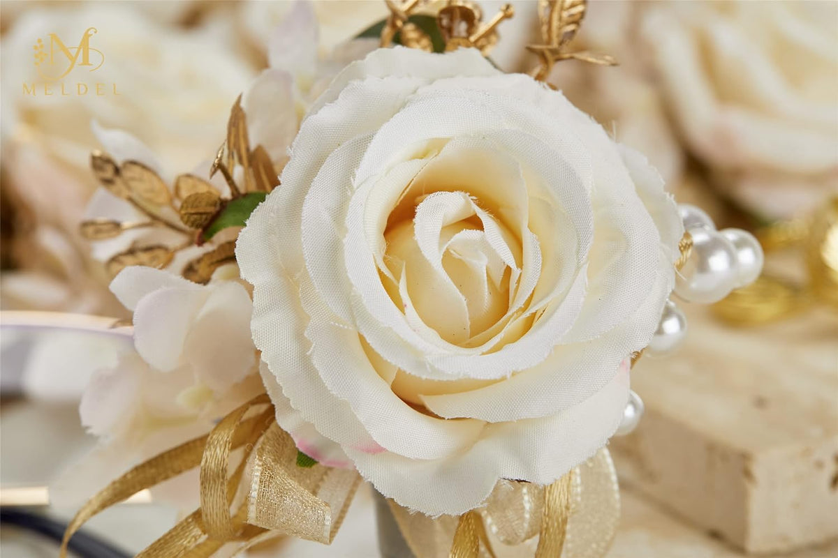 Artificial Champagne Rose Wrist Corsages Set 6Pcs for Wedding Party