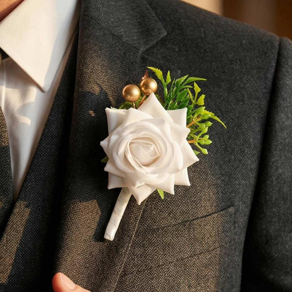 White Rose Boutonniere for Men Wedding Artificial Flower Boutonniere with Gold Beads for Groom Groomsmen Prom (White)