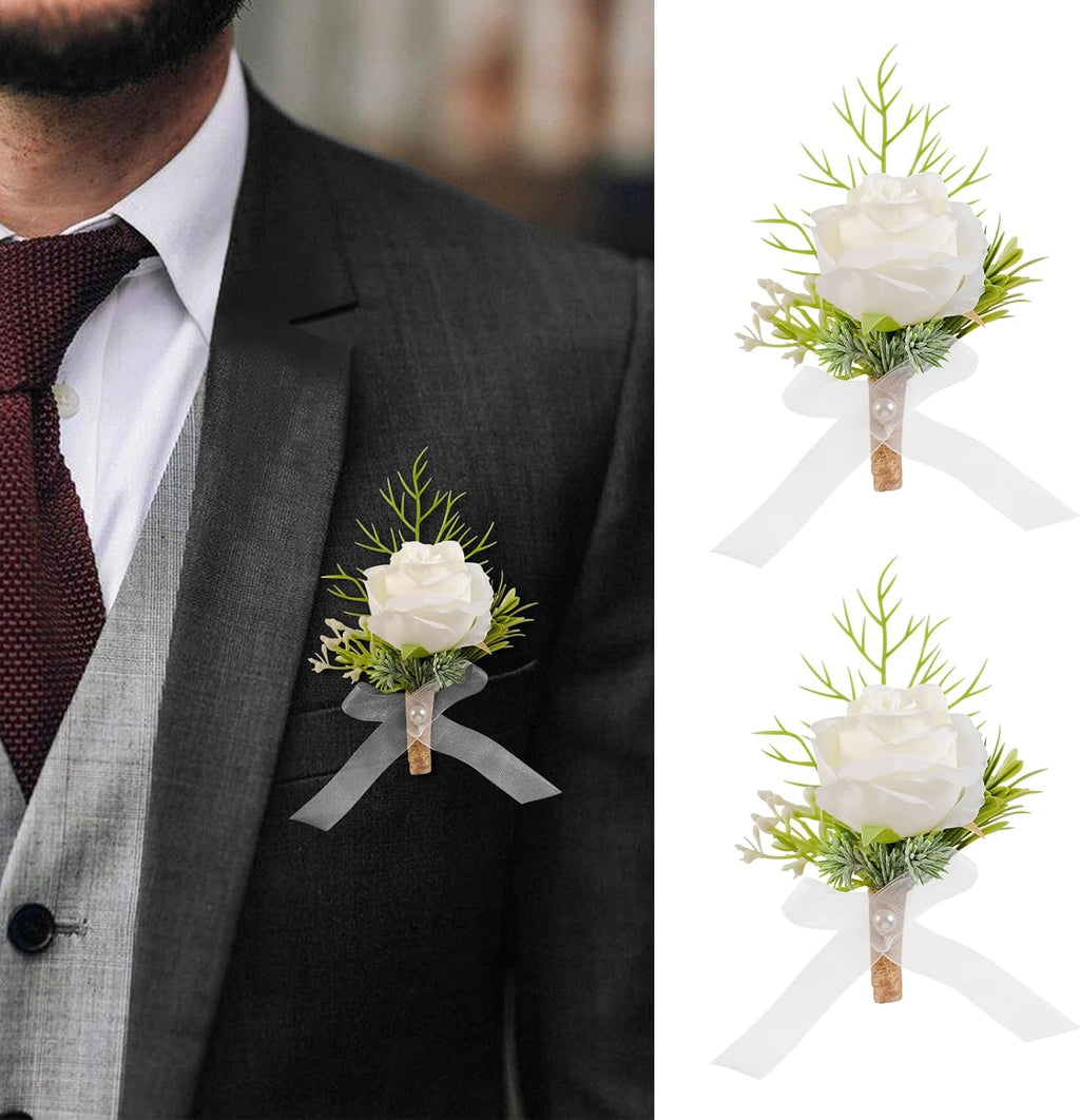 Garisey 2Pcs White Artificial Rose Boutonniere for Men Wedding Ceremony