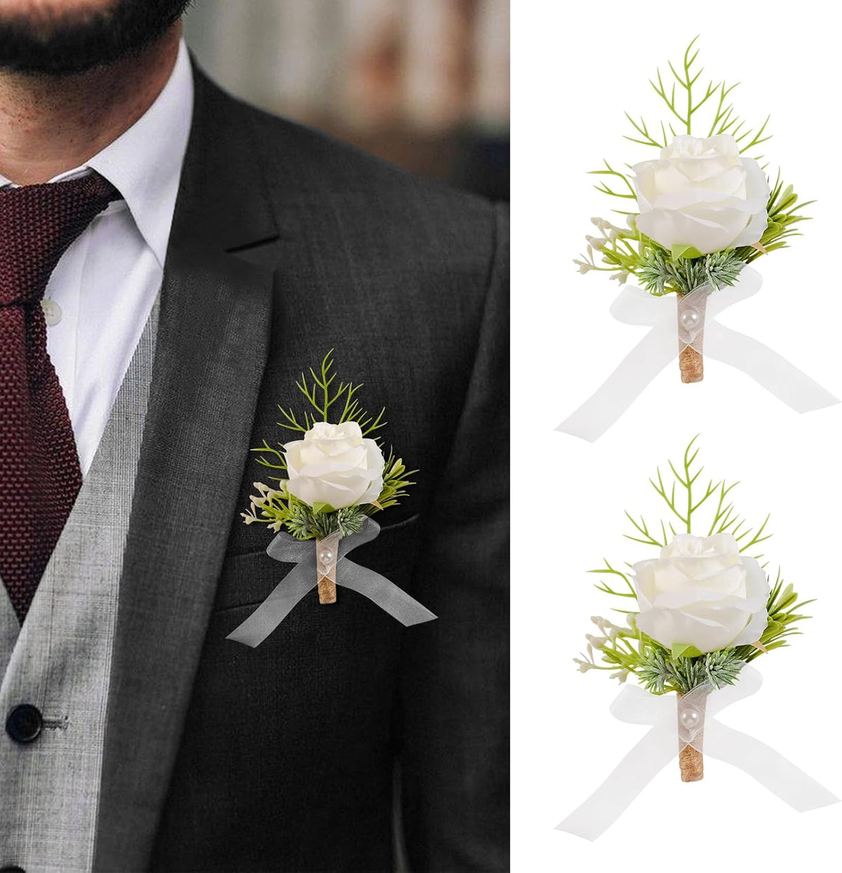 Garisey 2Pcs White Artificial Rose Boutonniere for Men Wedding Ceremony
