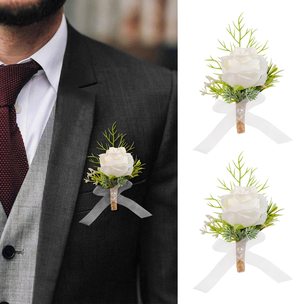 Garisey 2Pcs White Artificial Rose Boutonniere for Men Wedding Ceremony